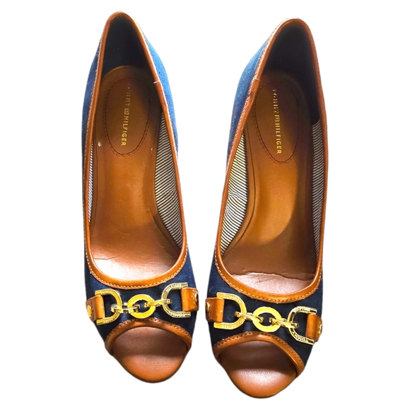 Tommy Hilfiger Women's slip on denim blue with brown trim platforms Size 8 - Picture 1 of 5